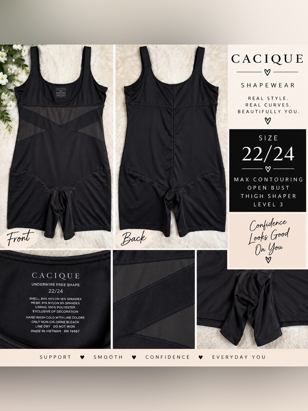 🖤 NWOT Cacique Max Contouring Open Bust Thigh Shaper Level 3 | Size 22/24  Black